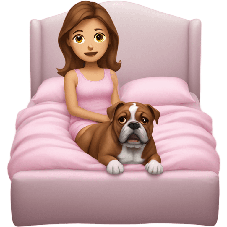  girl in pink bed with brown hair and bulldog emoji