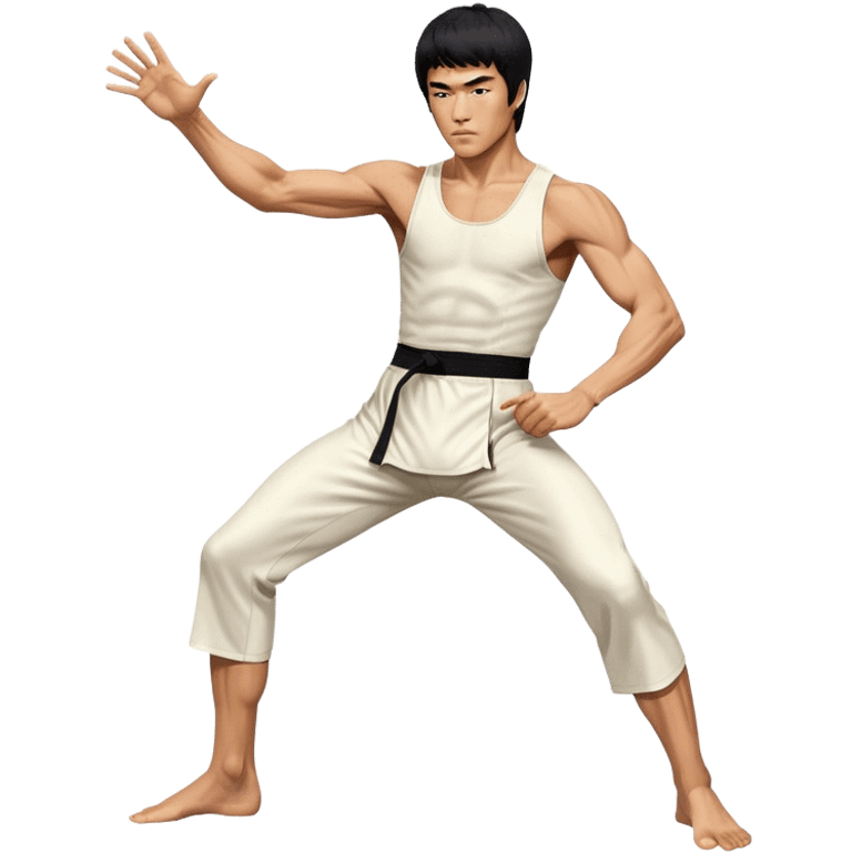 Cinematic Realistic portrait of Bruce Lee, shown as a legendary martial artist in a dynamic, powerful pose with modern athletic attire and finely detailed muscle definition, rendered in dramatic action lighting emoji