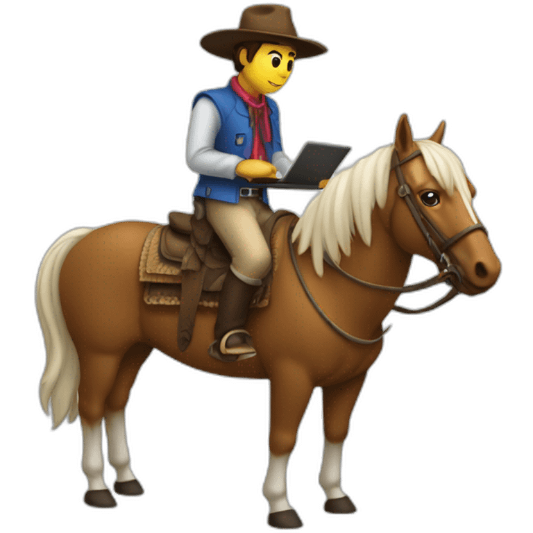 gaucho but not wearing a hat, riding on a horse writing code on a laptop emoji