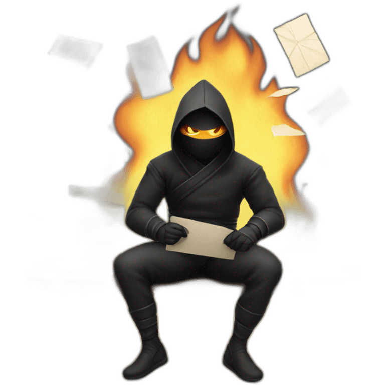 ninja sitting on bench on fire with envelopes raining emoji