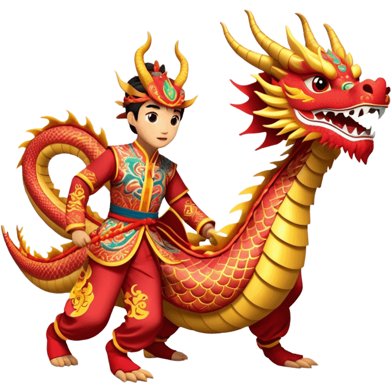 Cinematic Realistic scene of two performers guiding an elaborately designed dragon costume during a Dragon Dance, with vivid traditional patterns and dynamic motion, set under festive, red-tinged lighting emoji