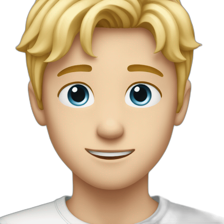 young blond man with gray-blue eyes makes a heart with his hands emoji