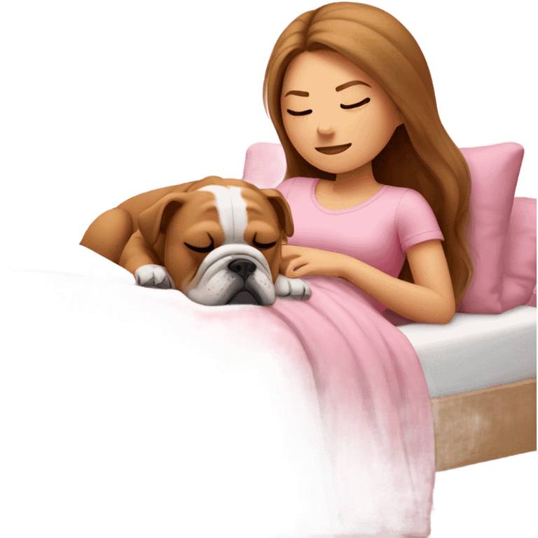 Sleeping girl in pink bed with brown hair with blonde mesh and bulldog emoji