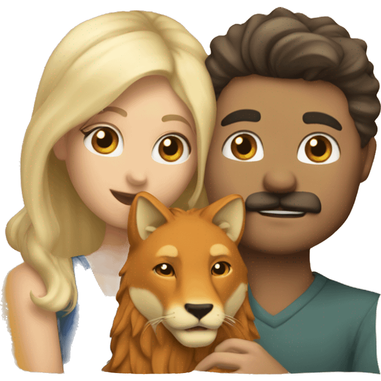 One blonde guy with mustache and one blonde gal kissing and holding hands with a lion and a fox sitting with them emoji