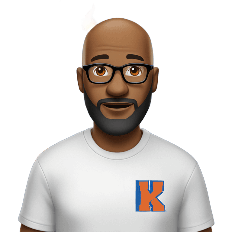 A Bald man with a beard, goatee, and glasses wearing a white New York Knicks tee shirt with flames in both hands. emoji