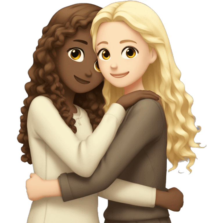 One arabic girl with  brown curly hair and another girl with straight blonde hair hugging each other anime  emoji