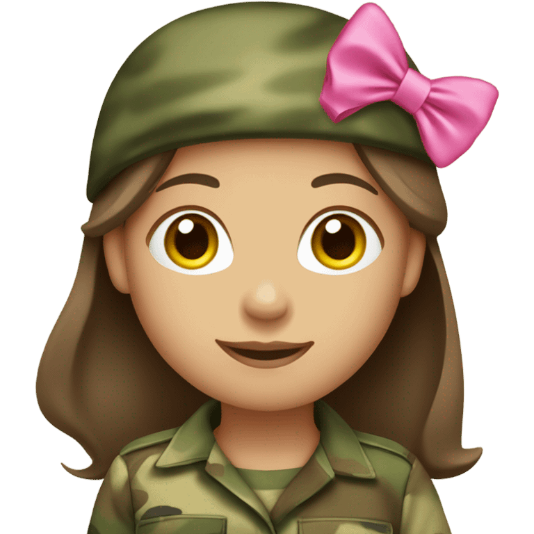 girl wearing camouflage saluting with pink bow on head and brown hair and heels on feet emoji emoji