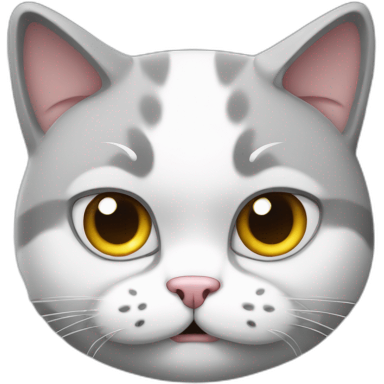 fat light gray and white cat with an angry face emoji