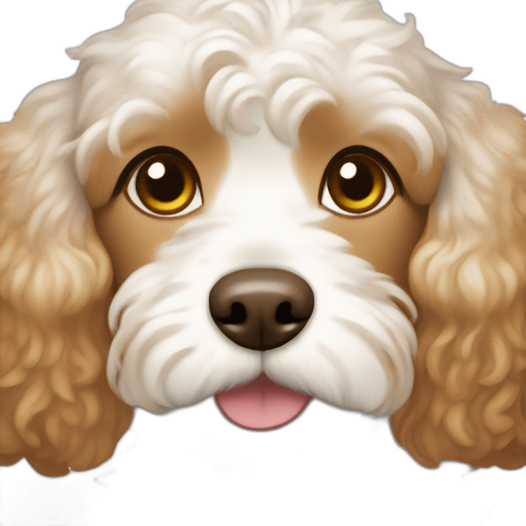 A white cavapoo dog with light brown ears and a few light brown spots on his chest and head emoji