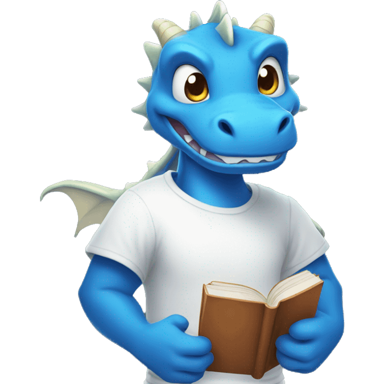 A blue dragon in a white T-shirt with a smile, holding books in his hands emoji