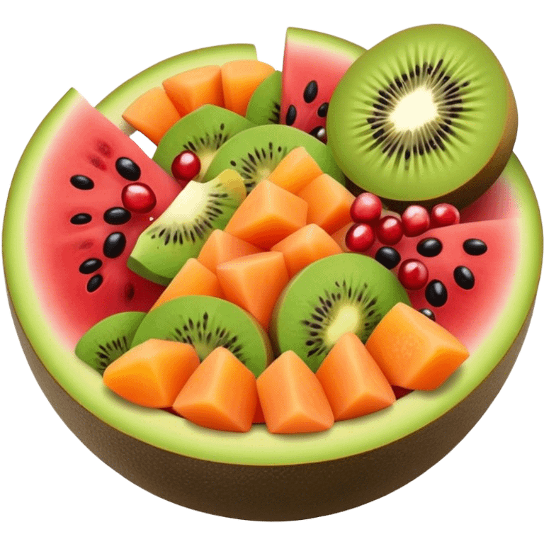 fruit salad with kiwi, papaya, watermelon, pomegranate, avocado emoji