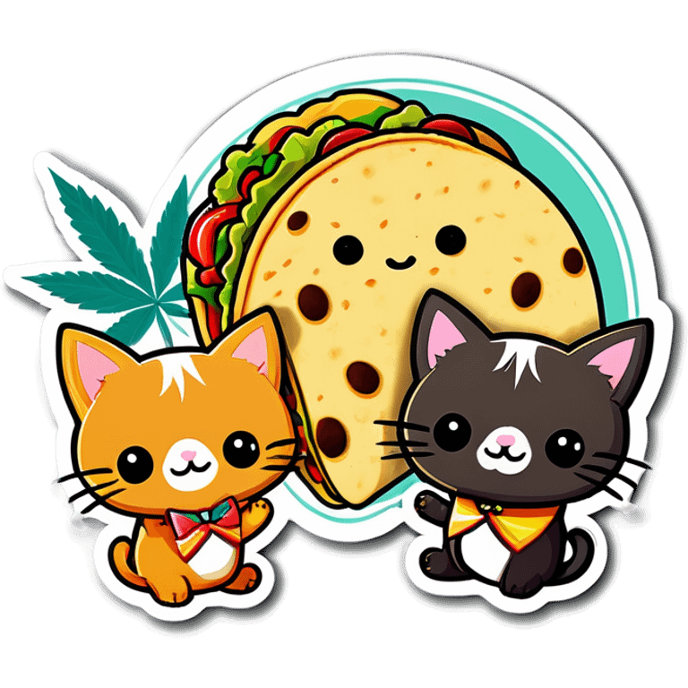 Kawaii Marijuana leaf and kittens eating tacos kawaii style  emoji