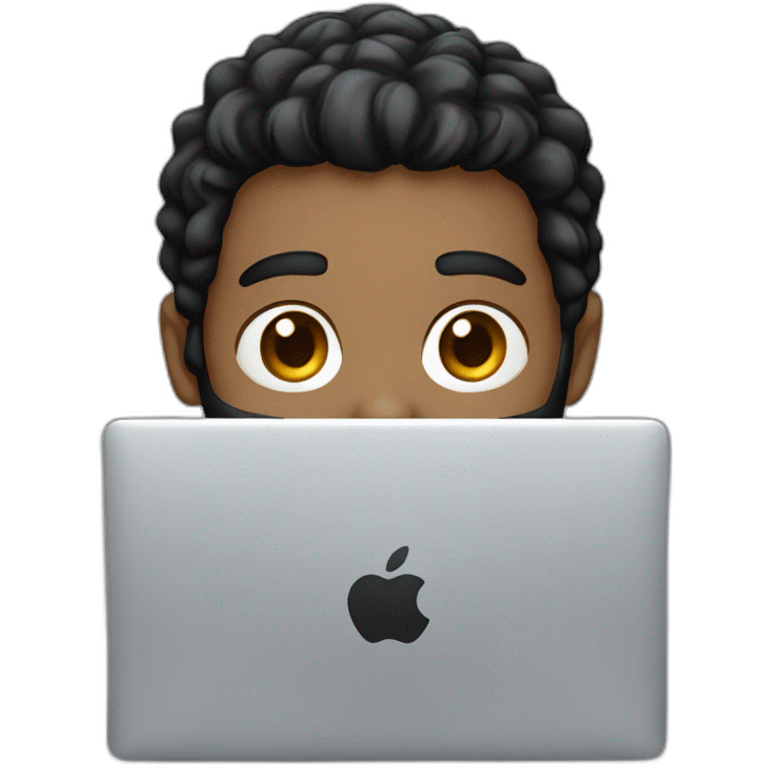 headshot of a black hair boy with black beard using a silver macbook emoji