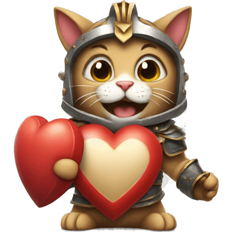 Cat gladiator holding a heart with a laughing face {happy}  emoji