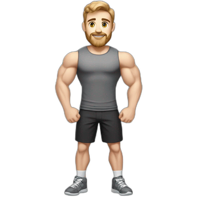 Full height Pale skinned fit man With biceps, Realistic eyes and mouth, light brown hair and stubble In dark gray sleeveless mike, black oversize sports shorts, watch and white sneakers. emoji