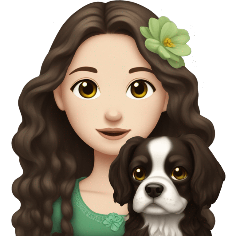 pale skin girl with green eyes with long dark brown hair that has a flower in her hair  holding a black and brown cavalier dog the dog also has a flower in its hair emoji