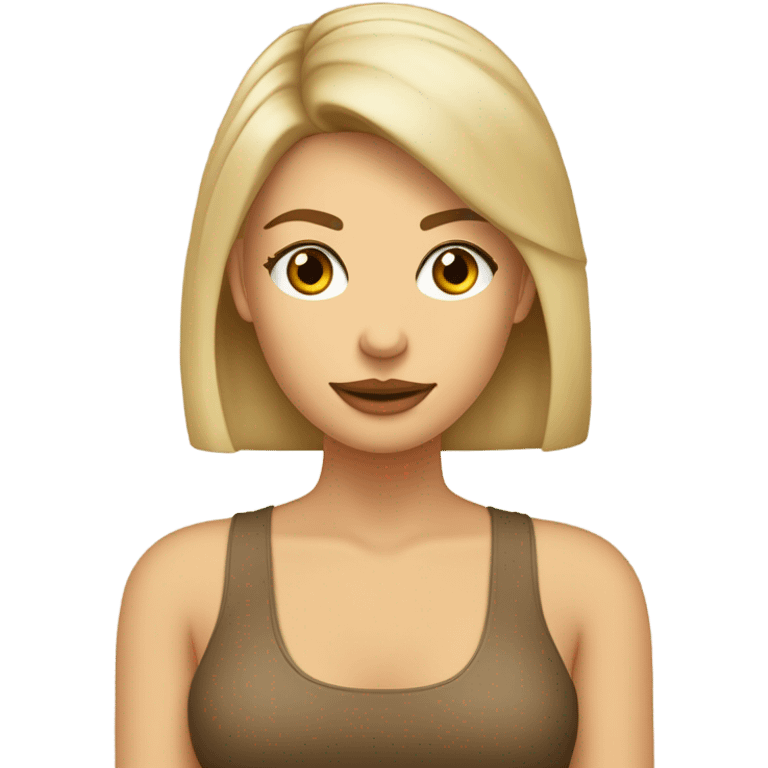 Mujer con cabello rubio, lacio, bajo el hombro, con flequillo de lado, frente amplia y aros de argolla, ojos café. Polera color beige con cuello tortuga emoji