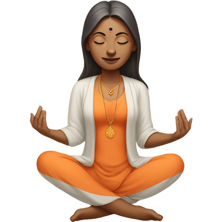 Indian female yogi with meditative expression.  sitting in a lotus position. She wears a sleeveless pastel-colored shirt paired with a flowing orange robe, symbolizing traditional yogic attire. A small red bindi adorns her forehead emoji