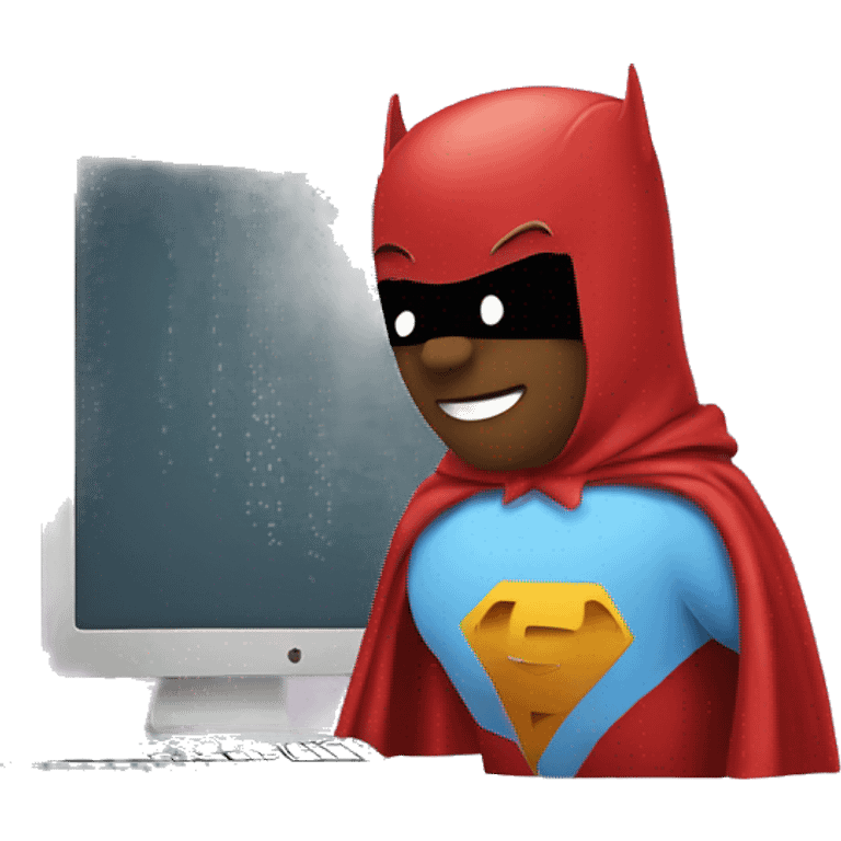 computer screen wearing a superhero cape emoji