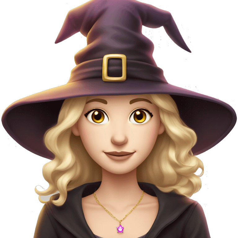 Witchy darkblonde haired hazel eyed light freckles white girl with a witty smile a gold necklace and a pink witch hat emoji