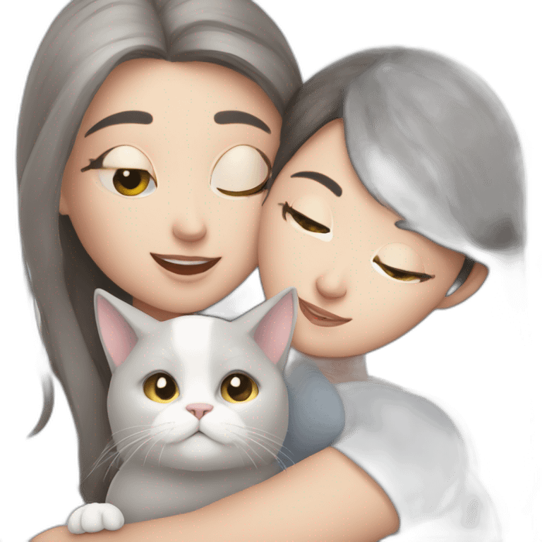 Grey white cat cuddles brunette girl emoji