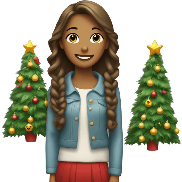 A young women and a decorated Christmas tree  emoji