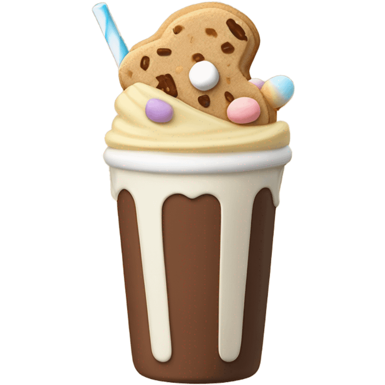 a peanut butter and banana flavored milkshake topped with reese’s pieces, a toffee covered marshmallow, a boxing glove made of white chocolate, and a peanut butter cookie emoji