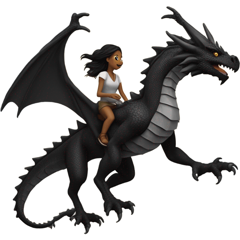 Big black dragon flying with a female rider on top of it  emoji