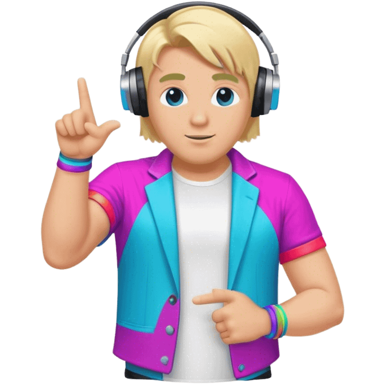 blond big man in colorful dj outfit pointing to one side emoji