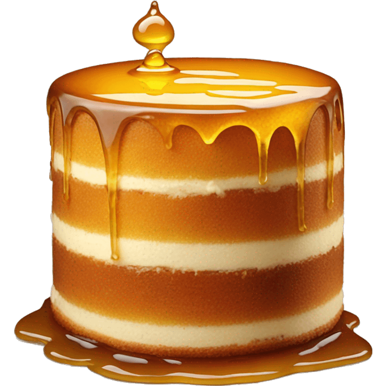 Realistic round cake with honey on top and dripping down the cake. emoji