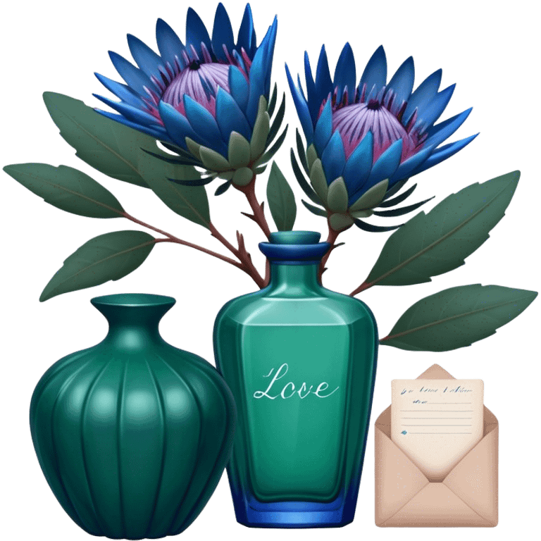 Dark green captivating perfume bottle with blue proteas and a handwritten love letter emoji