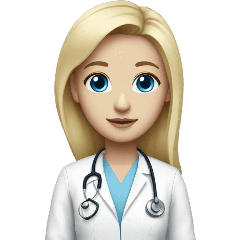 Blonde doctor with blue eyes, light skin, wearing baby blue scrubs and doctor white coat emoji