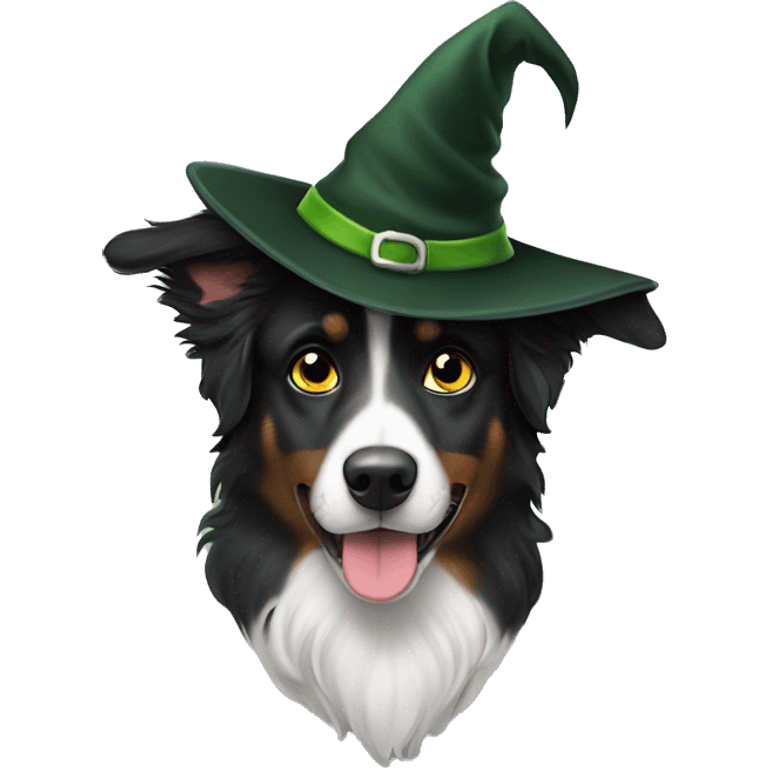 Small black australian shepherd dog green witch hat emoji