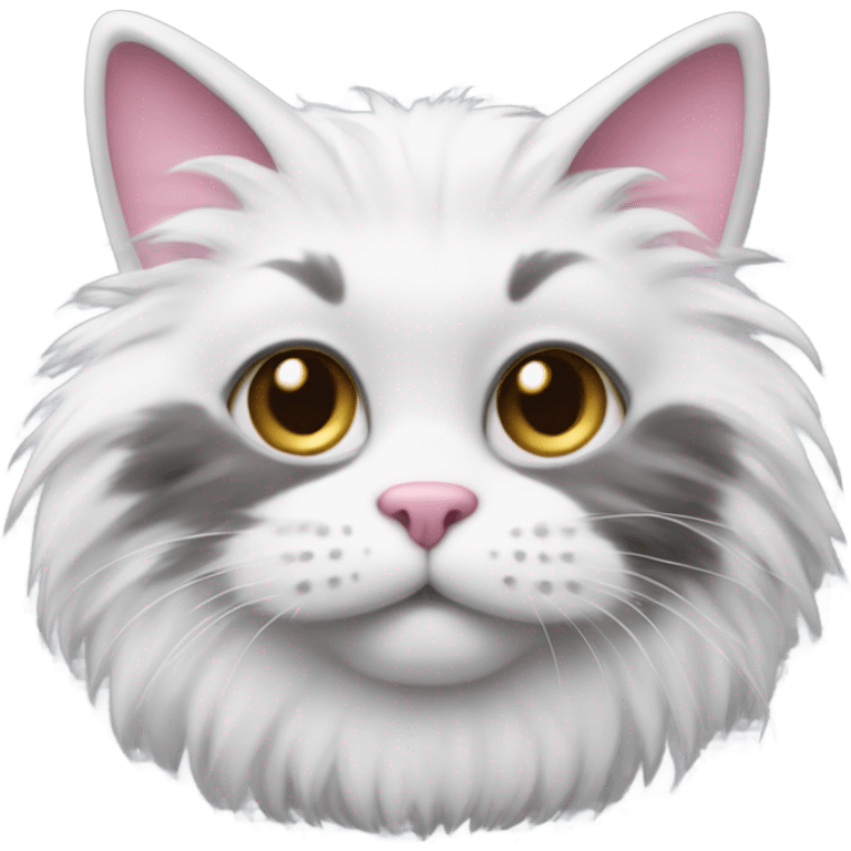 Fluffy white and gray cat with a pink nose and bushy tail emoji