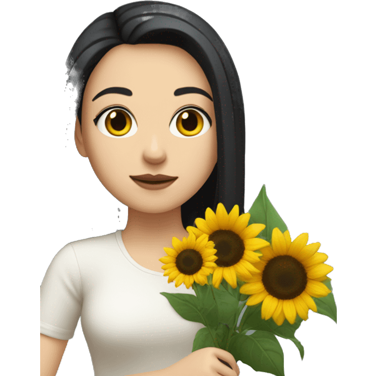 a white girl with shoulder length black hair, small rosy lips holding a bouquet of sunflower emoji