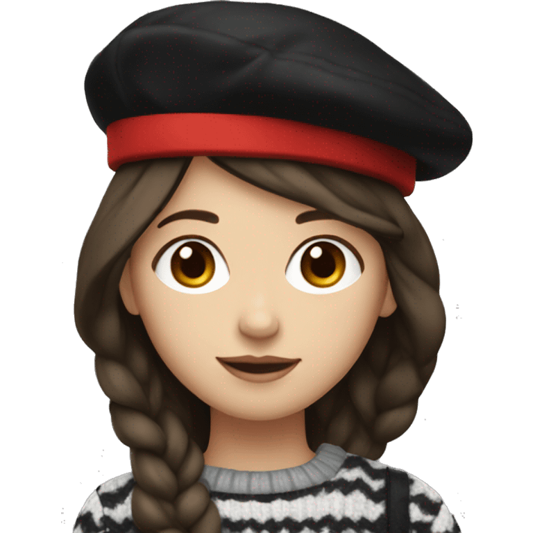 young adult girl in red beret with dark brown long hair and black-white line sweater emoji