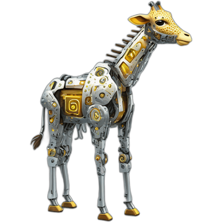 Una girafa robotica con patrones de circuitos brillantes en su piel, piernas con juntas móviles y piezas de metal relucientes emoji