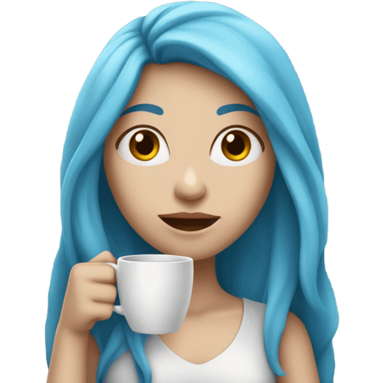 white skin girl with blue long hair drinking coffee emoji