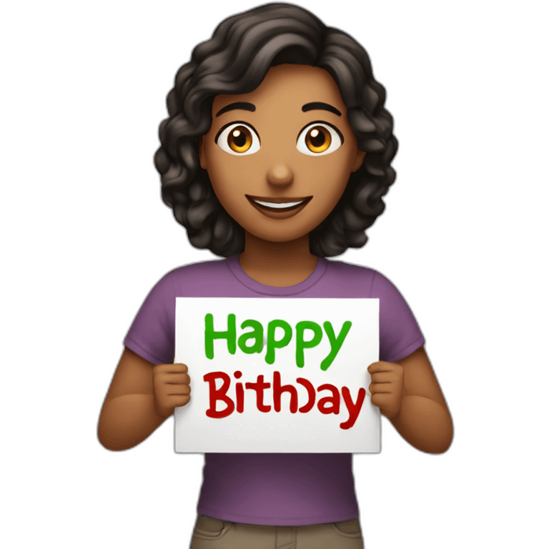 Person holding a sign that has “Happy Birthday Priya” emoji