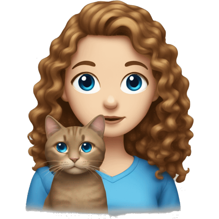 White Girl with long curly brown hair with a brown cat and blue eyes emoji