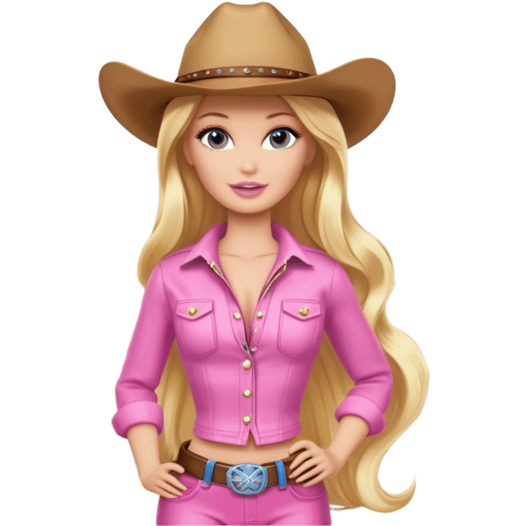 Cowgirl blonde Barbie model, long shiny hair, glamping, pink outfit emoji