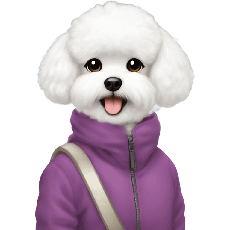 A cute and happy bichon frise with hair in a bun Asian woman at the airport  emoji