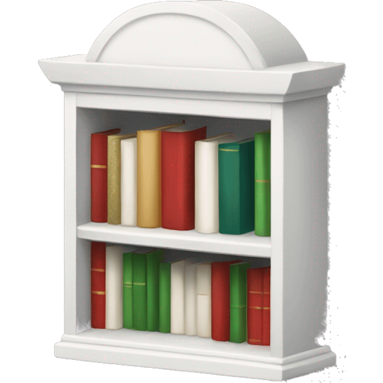 small white bookshelf adorned with christmas ornaments emoji