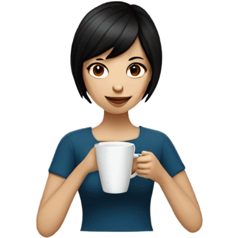 Girl with very short black hair, fair skin and brown eyes drinking coffee emoji