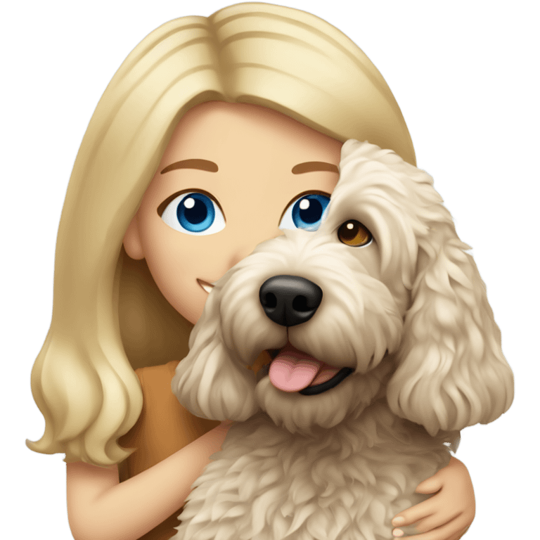 blonde girl with straight hair and blue eyes hugging an australian labradoodle emoji