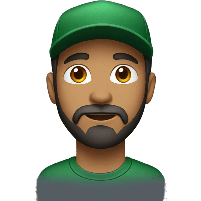 brown man with a dark beard, dark eyes, dark green t-shirt and a black cap emoji