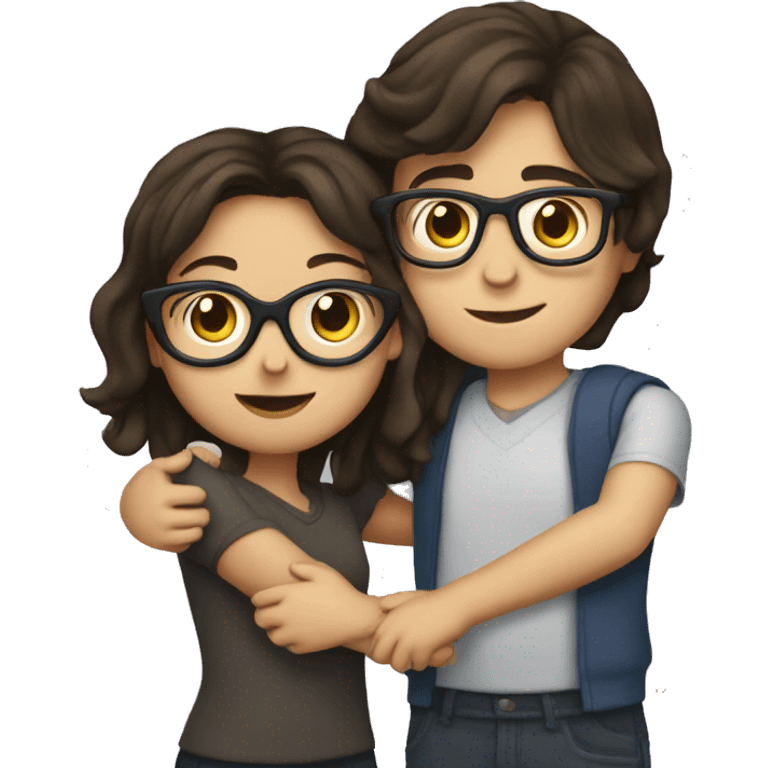 a brunette girl hugging a brunette boy with glasses  emoji