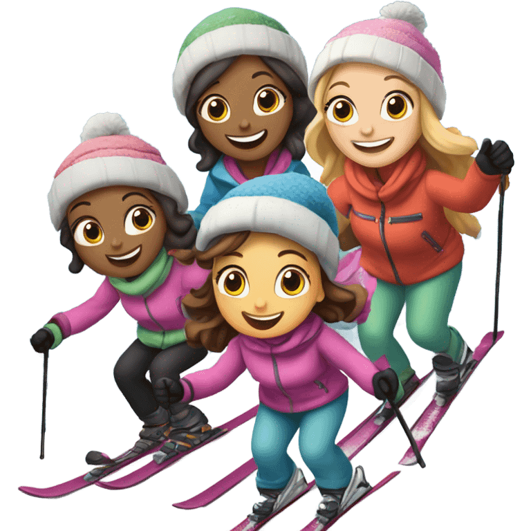 2 pairs of moms and daughters skiing down a mountain on Christmas. 1 daughter and Two of the moms are fair skinned and the other daughter is olive skinned  emoji