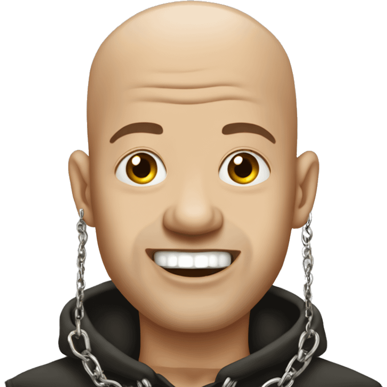 almost bald man with earrings and a chain. he has his tounge out and his two hands are foward s if he was trying to grab us emoji