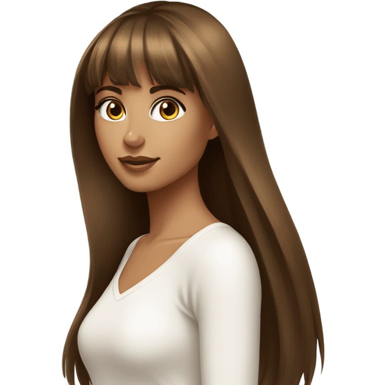 beautiful woman, tan skin, hazel eyes, straight long brown hair, bangs, model, white top emoji